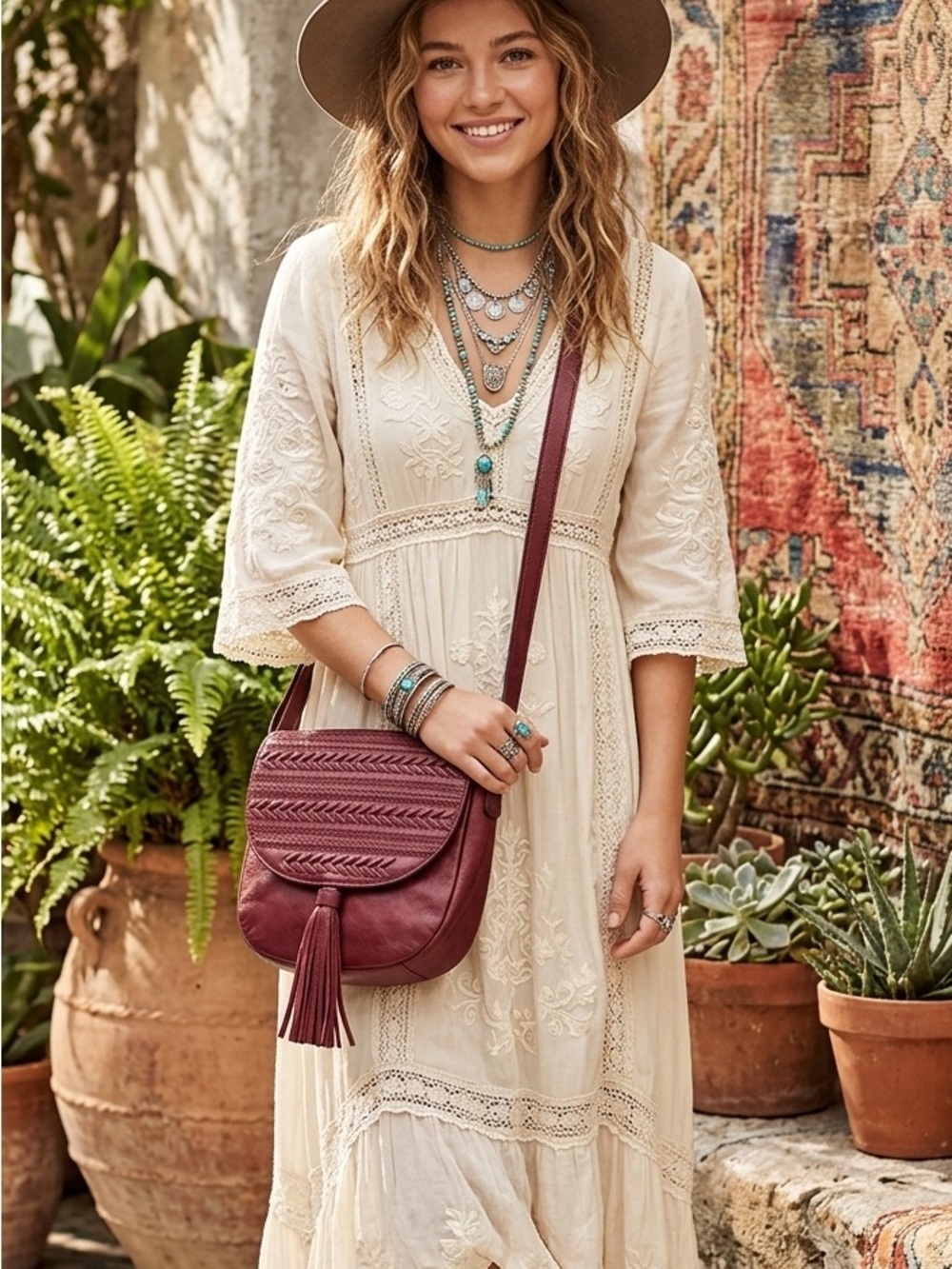 FOSSIL Emi Wine Leather Saddle Bag Crossbody Large Tassel